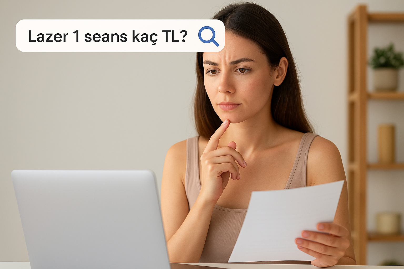 lazer-1-seans-kac-tl-arastirma.jpg Lazer 1 seans kaç TL? sorusuna yanıt arayan genç kadın – Epilasyon fiyatlarını online araştıran kullanıcı masa başında düşünceli şekilde ekranına bakıyor